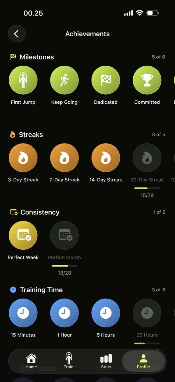 RopeFlow achievements screen with badge collection
