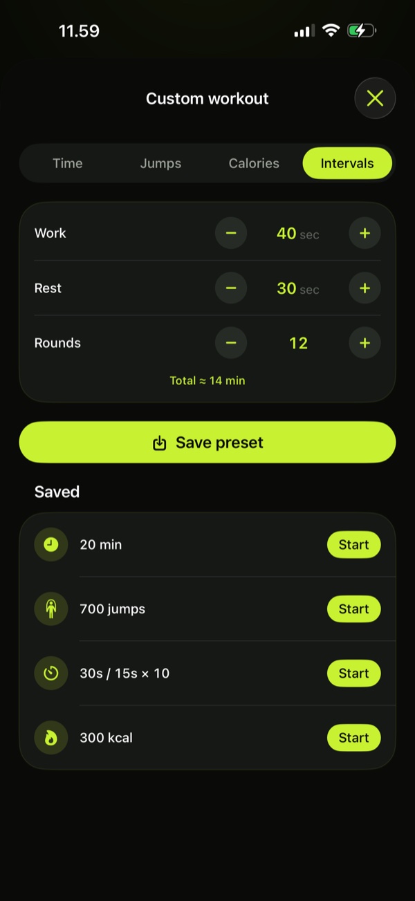 RopeFlow custom workout builder with interval steppers and saved presets