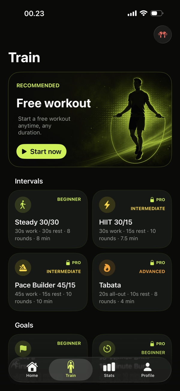 RopeFlow training screen with interval and goal workout programs