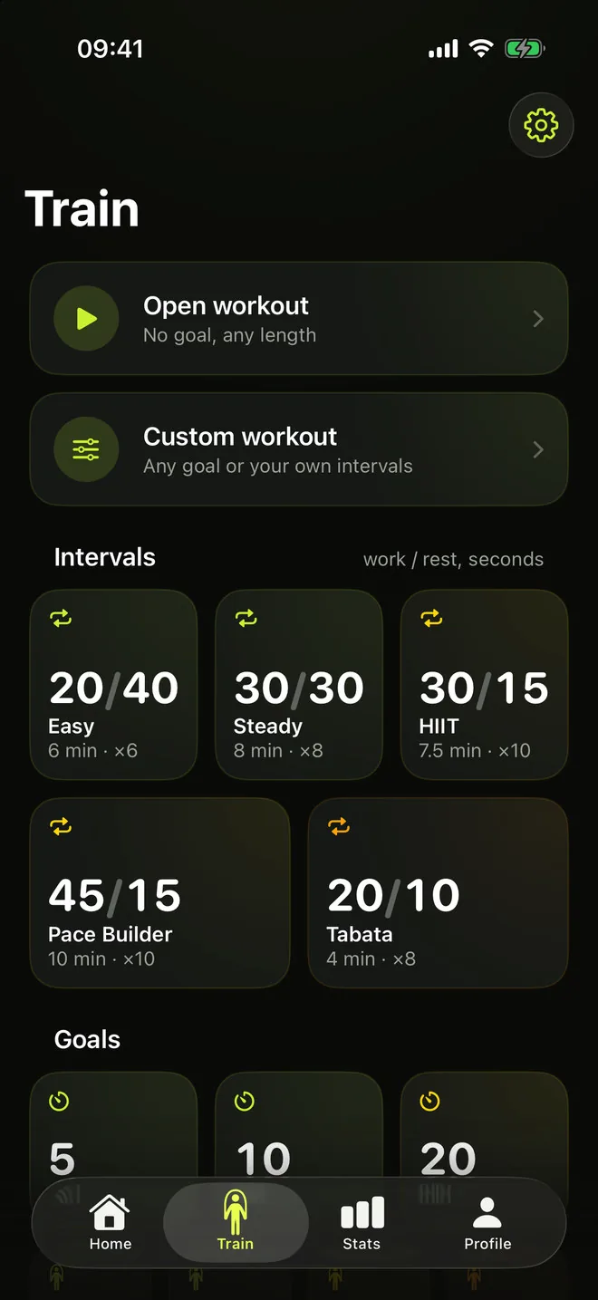 RopeFlow Train tab: open workout, custom workout, interval programs from Easy 20/40 to Tabata, and goal workouts